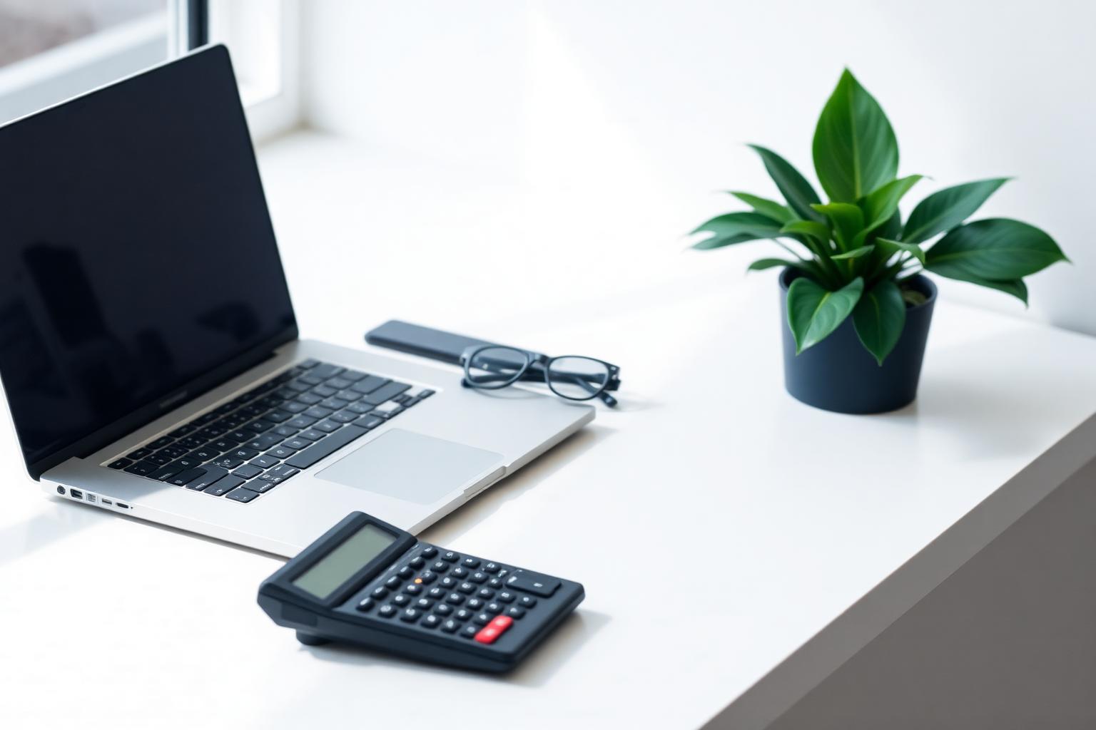 A modern accountant's workspace with laptop, calculator, and plant